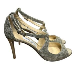 Jimmy Choo Emily Gold Glitter Strappy Heels Sandals Stiletto Formal Evening 39.5